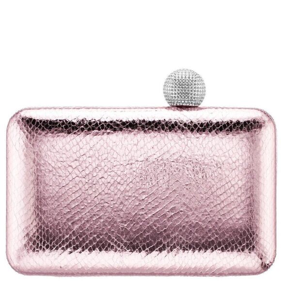 ✨ NINA ✨ NEW! Kimberly Minaudière Crystal Clasp Metallic Clutch - [ Light Pink] - Picture 1 of 14